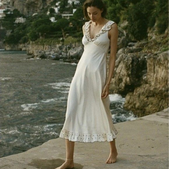 Caroline Constas womens Arleen Midi Dress sz Small Cream Silky Satin Embroidered - Picture 1 of 8